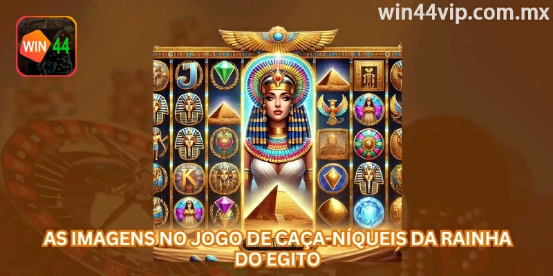 Os símbolos de Rainha do Egito incluem ícones comuns e recursos especiais, como Wild, Bonus, Jackpot e giros grátis.