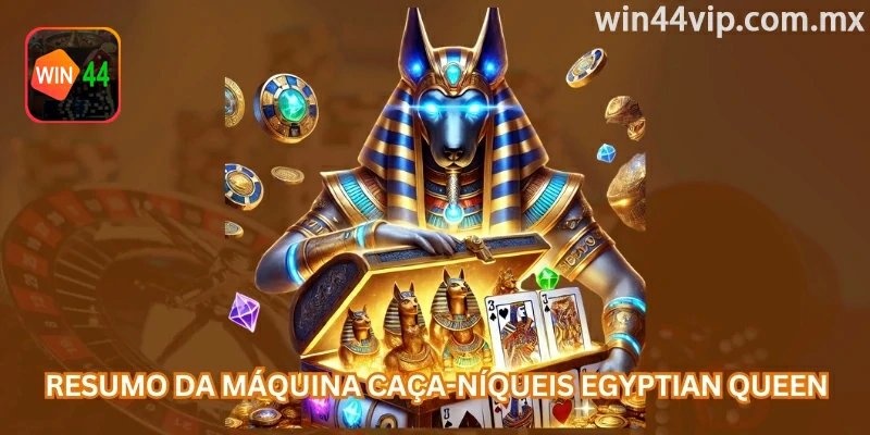 Resumo do slot Rainha do Egito: tema egípcio, 5 rolos, linhas de pagamento e recursos como Bonus, Wild e giros grátis.